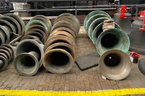 Taylor's Bell Foundry Tour. Sets of rescued bells from Keltec Trust who rescue and rehome bells from decommissioned churches. 