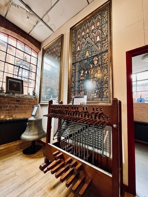 Taylor's Bell Foundry Tour. Clavier, Bell and mounted pictures inside the museum. 